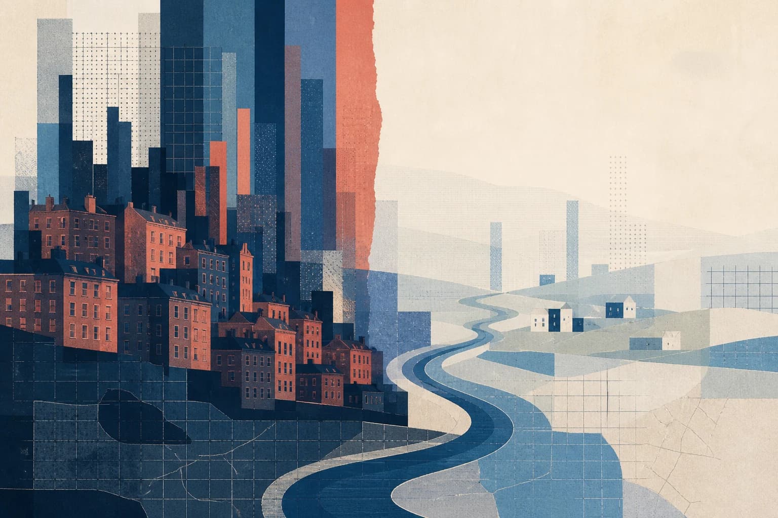 Abstract cut-paper illustration contrasting a dense Glasgow-style urban landscape with open areas through uneven data-like bands