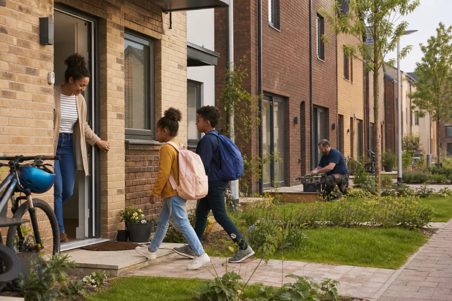An illustrated family arriving home on a modern affordable-housing street in Scotland.