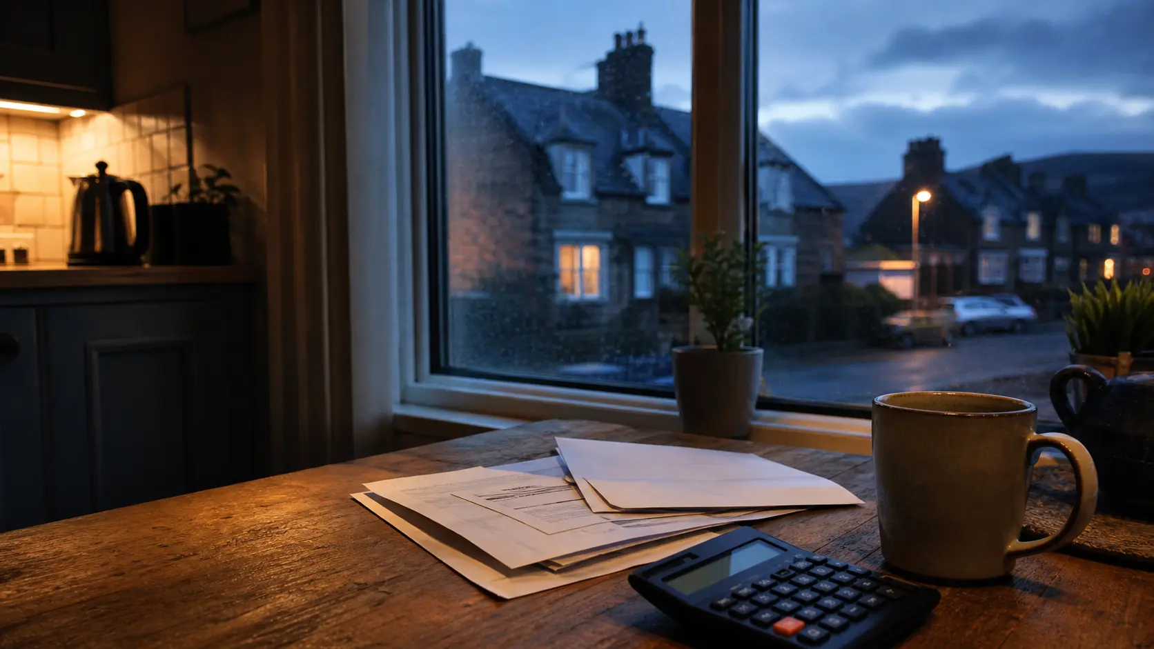 Council tax bills and a calculator on a kitchen table overlooking a Scottish residential street