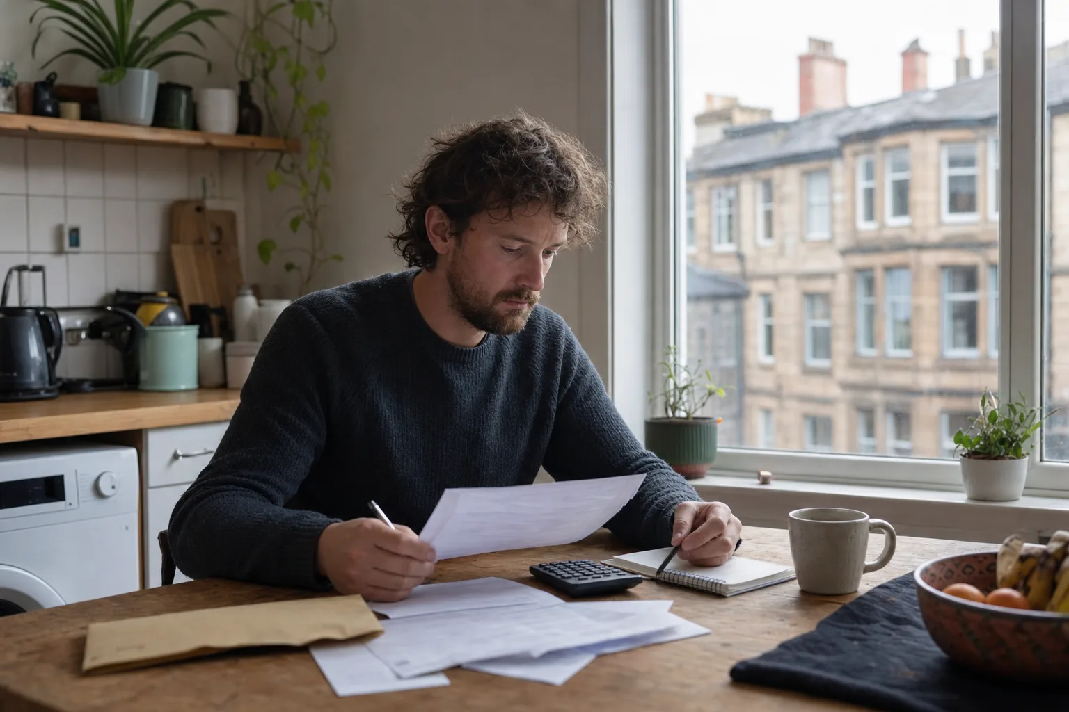 A Glasgow resident working through a council tax bill with a notebook and calculator at his kitchen table