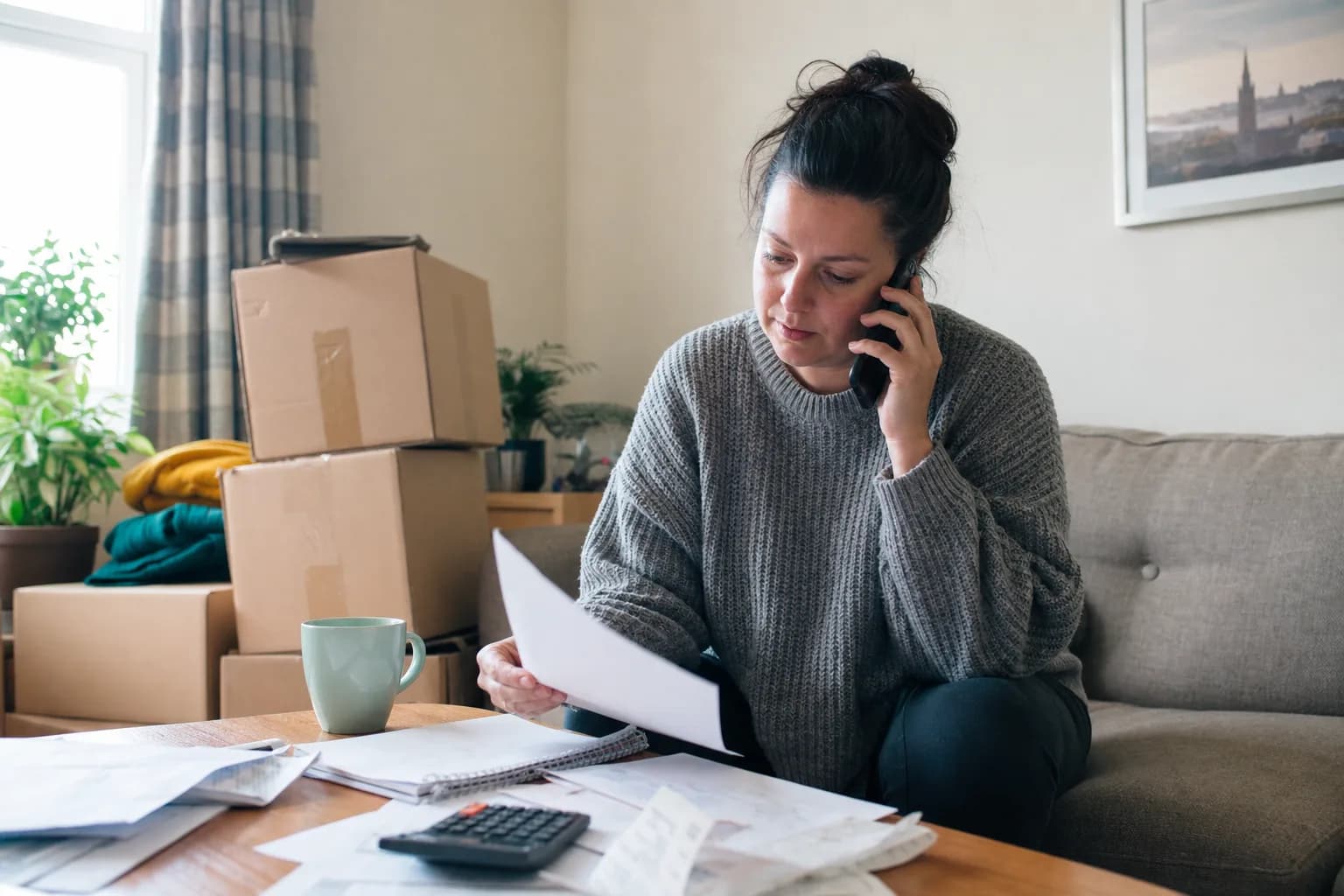 A tenant on the phone comparing a tenancy document and household budget beside moving boxes