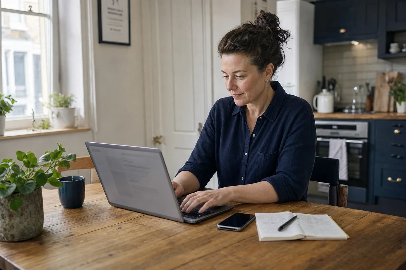 A woman writing an email on a laptop at her Glasgow kitchen table