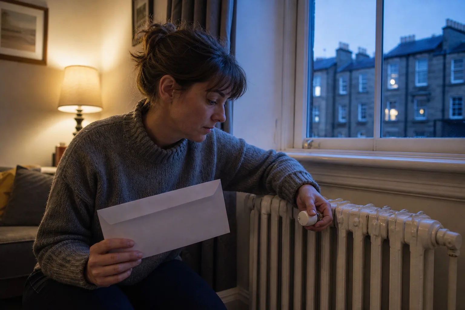 A resident in a jumper adjusting a tenement radiator while holding an energy bill envelope