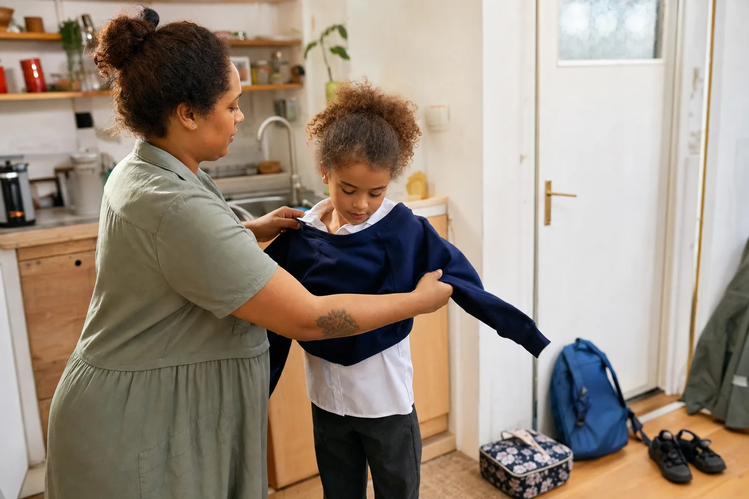 A parent helping her primary-school child put on an unbranded school jumper before leaving home