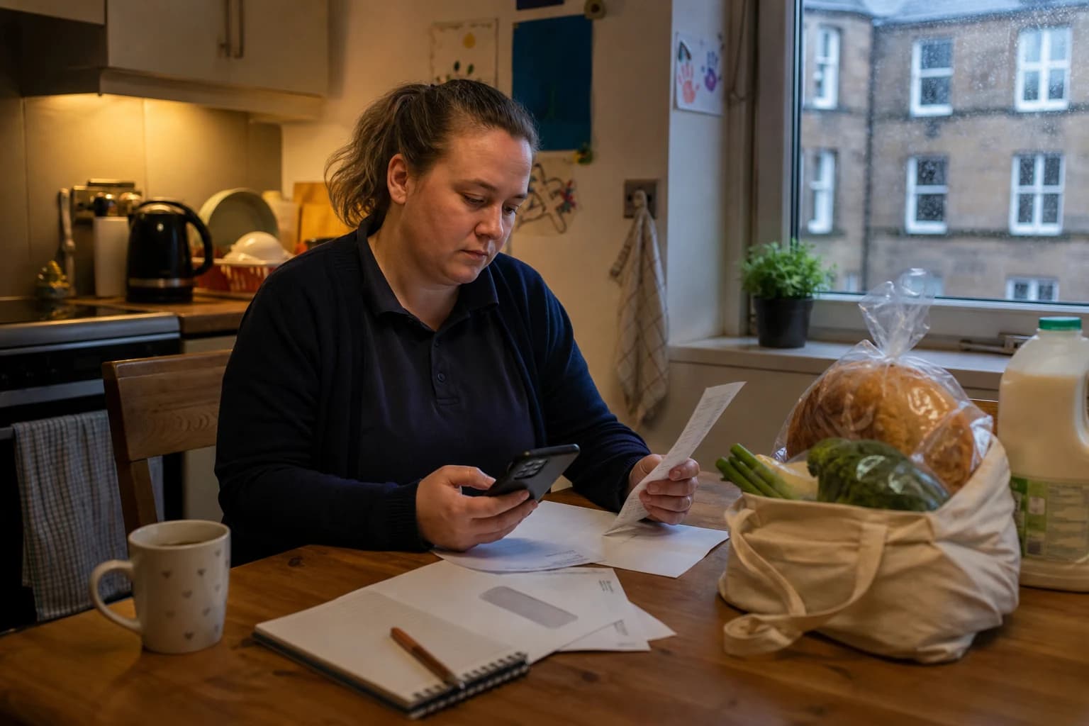 A supermarket worker at a Glasgow kitchen table checking household bills beside a bag of groceries