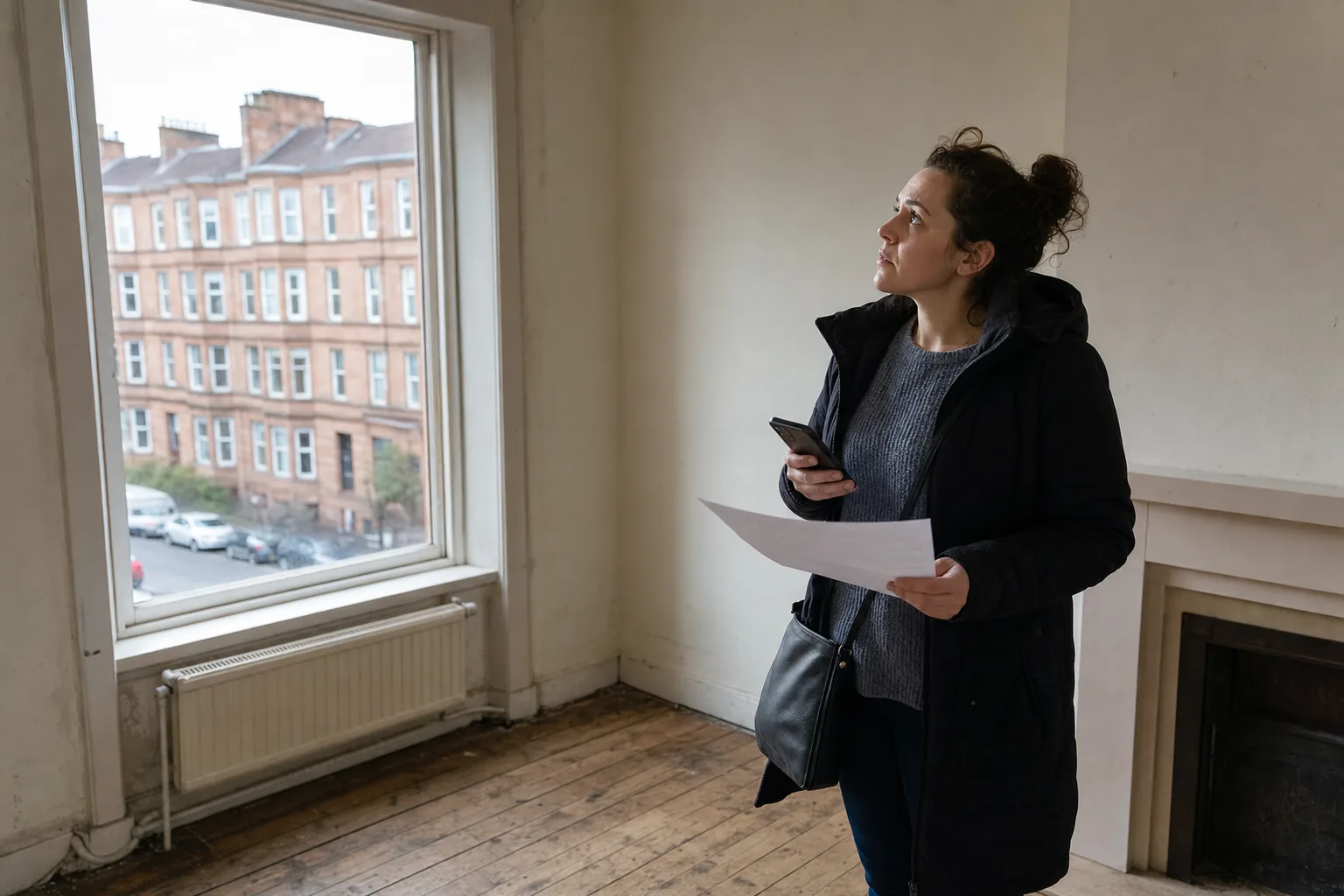 A prospective tenant checking a letting sheet and phone calculator inside a small Glasgow flat