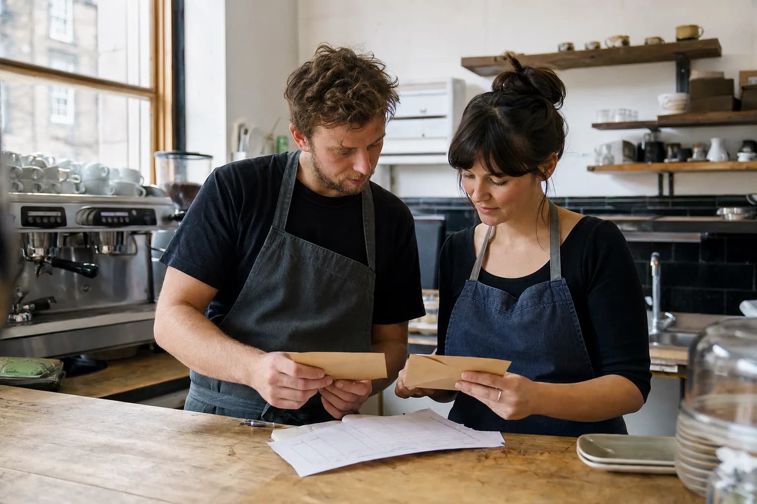 Two café workers comparing their pay envelopes and rota before opening