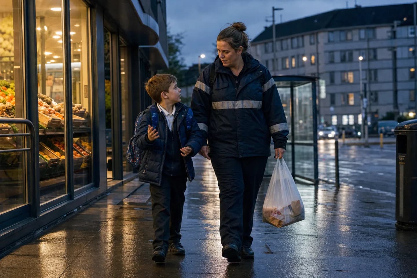 A parent in work clothes walking home with her school-age child and a bag of groceries
