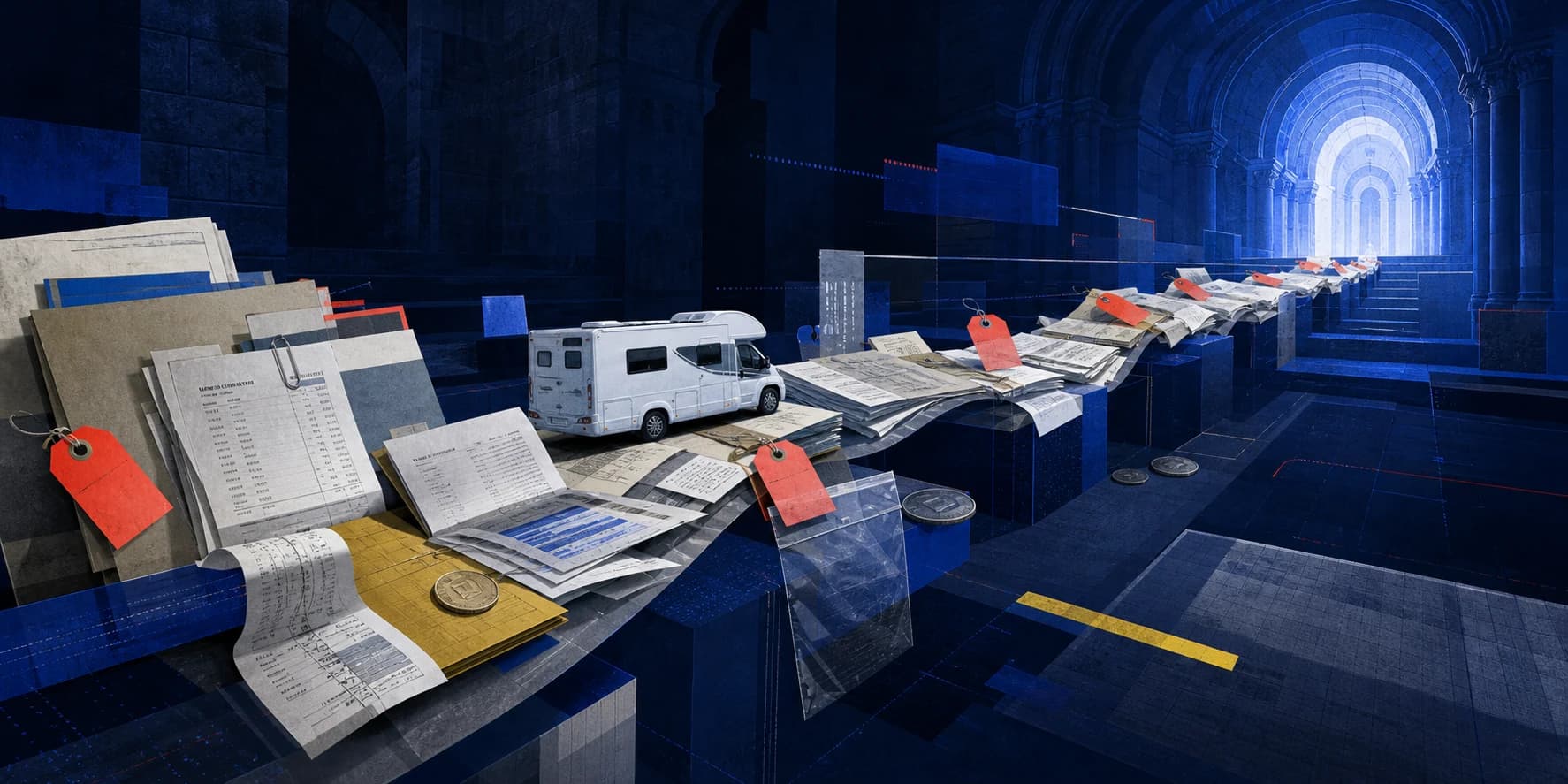 An editorial collage of a long paper trail leading through folders and receipts towards a courthouse and an unbranded white motorhome