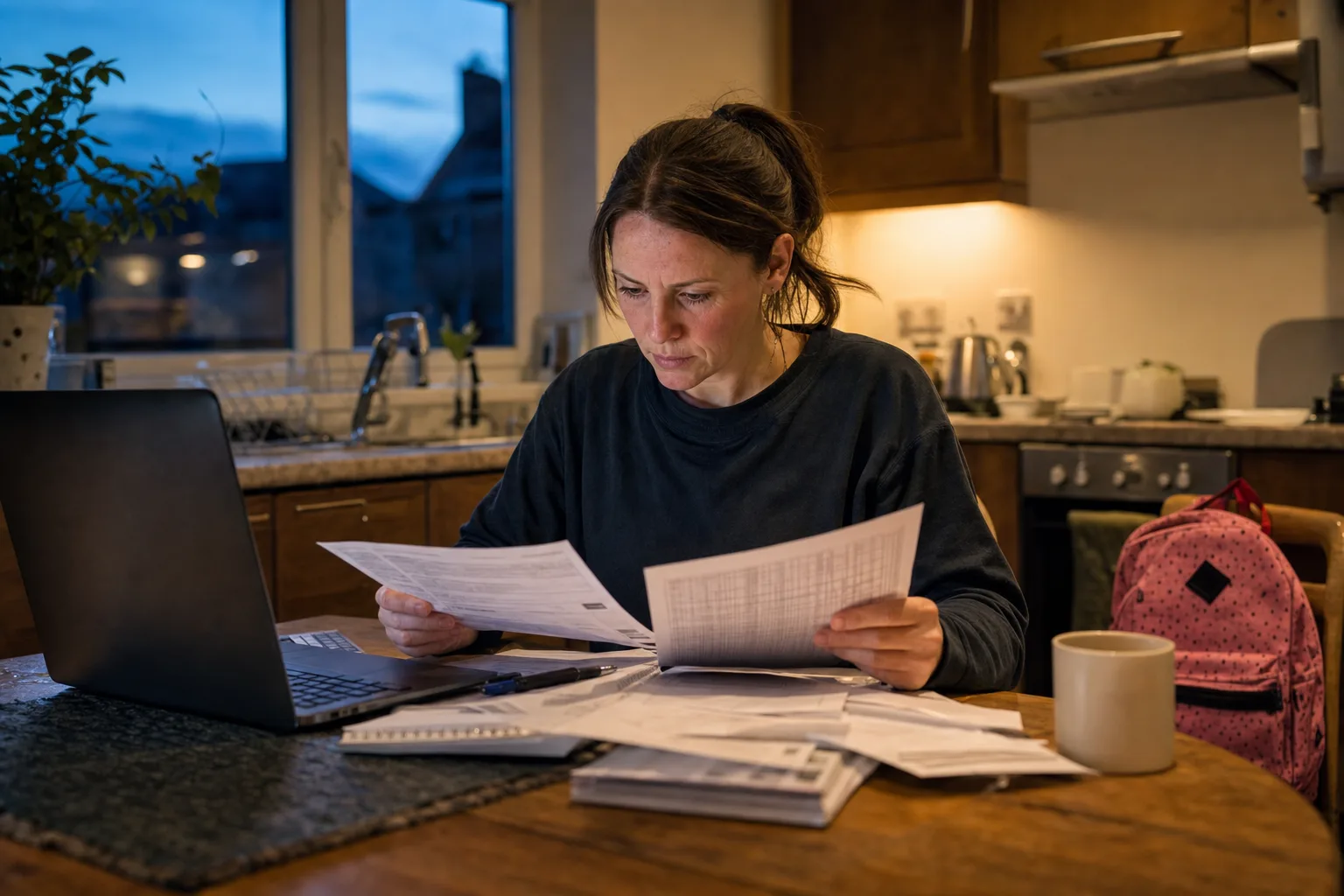 A working parent comparing a work rota and household budget beside a laptop at home